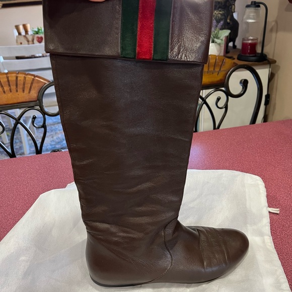 Gucci Shoes - Gucci Brown Leather Boots with Red and Green Stripe